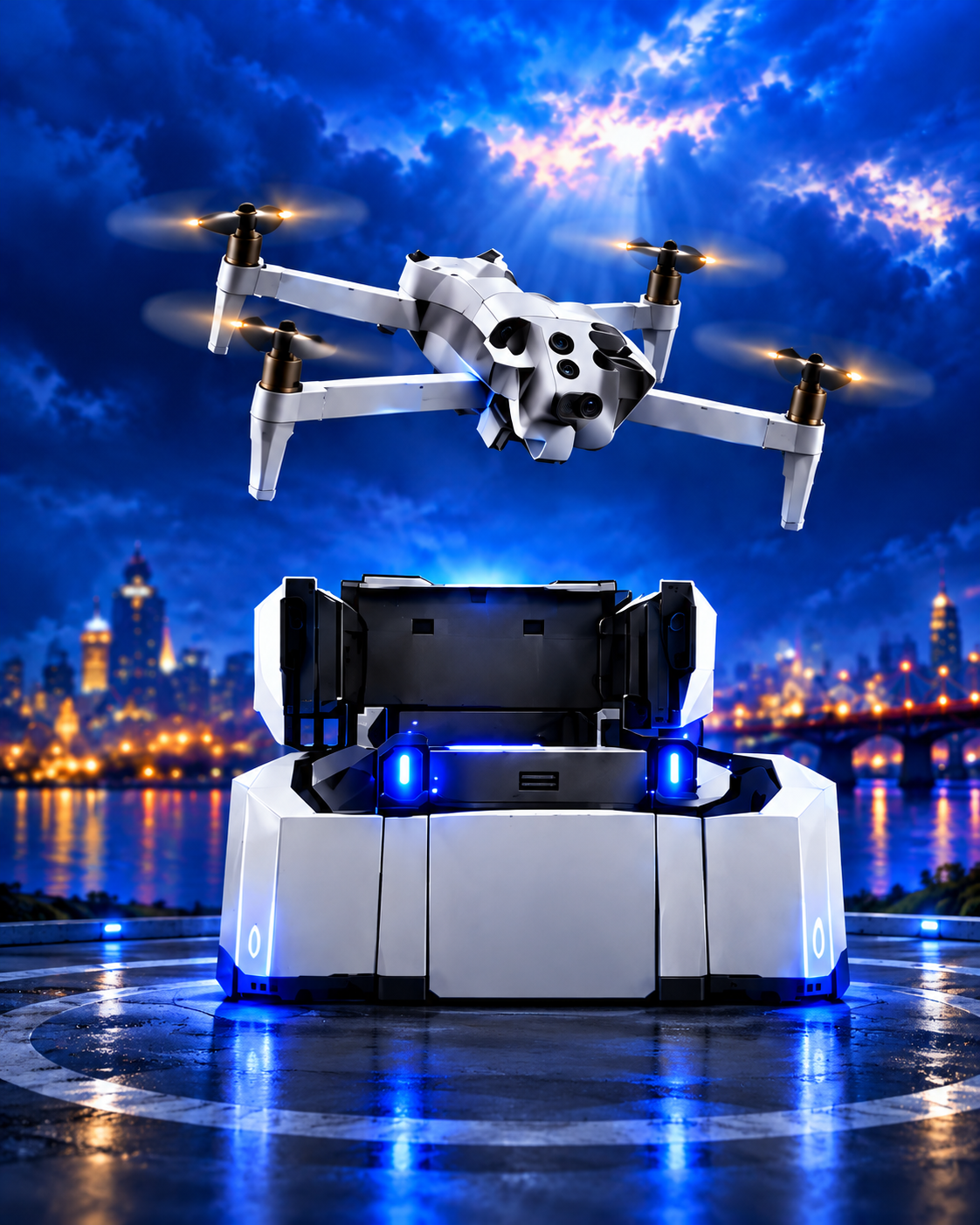 Skydio drone launching from its dock